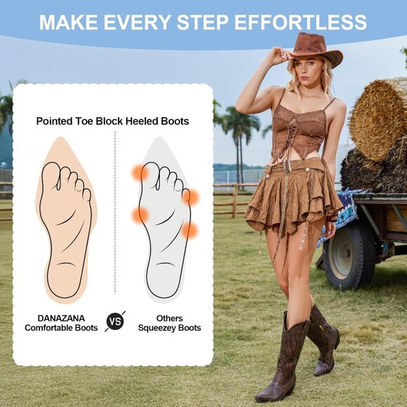 ⚡Women's Brown Wide Calf Western Cowgirl Boots Embroidered Pointed Toe Half Zip - Picture 5 of 8